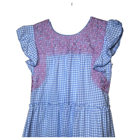 J.Marie Flutter Ruffled Sleeve Embroidered Gingham Midi Dress Blue Pink Small - Picture 4 of 6